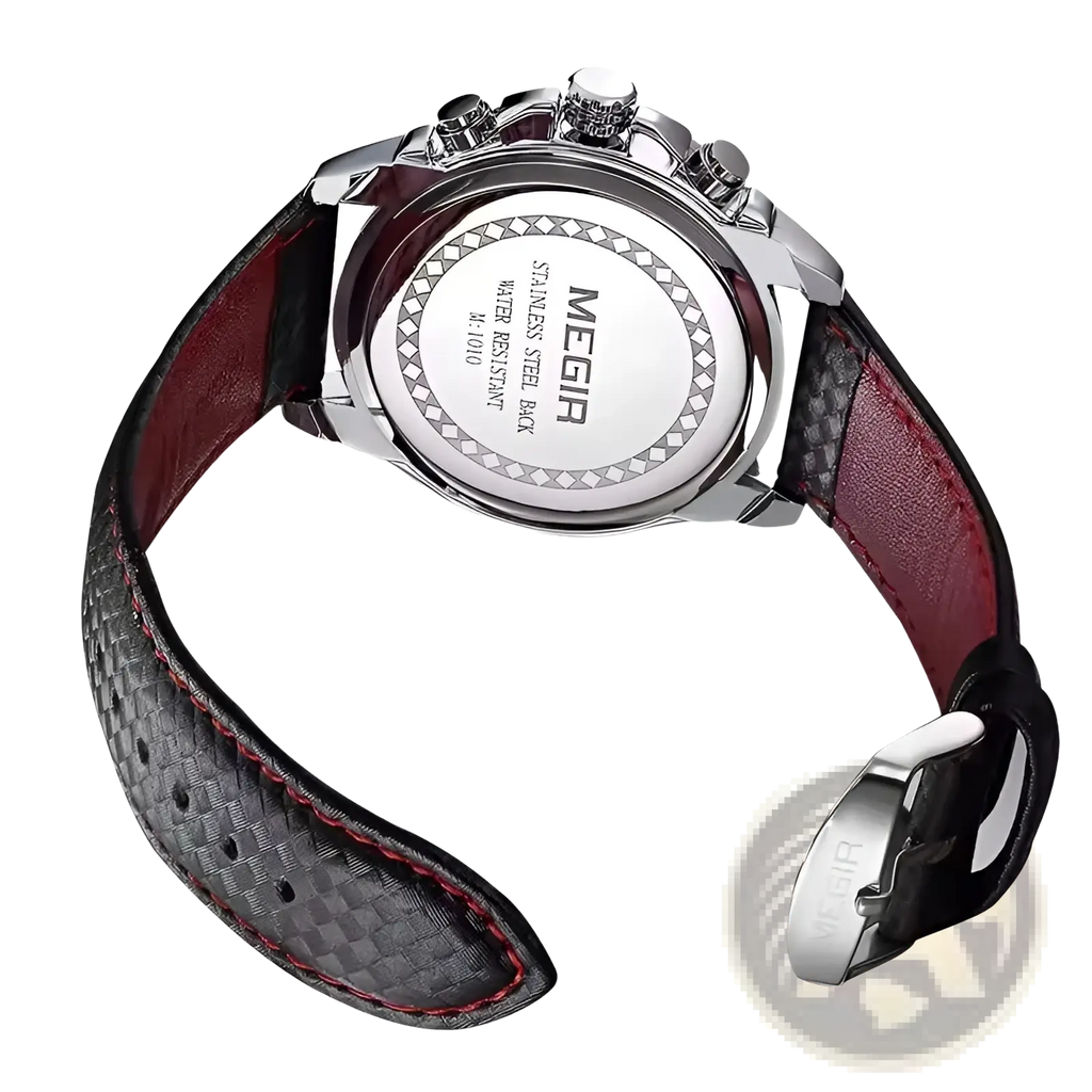 Megir 1010 men quartz chronograph watch with silver tone case and black and red textured leather strap with stitching