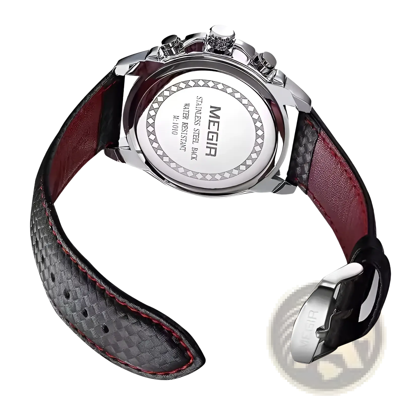 Megir 1010 men quartz chronograph watch with silver tone case and black and red textured leather strap with stitching
