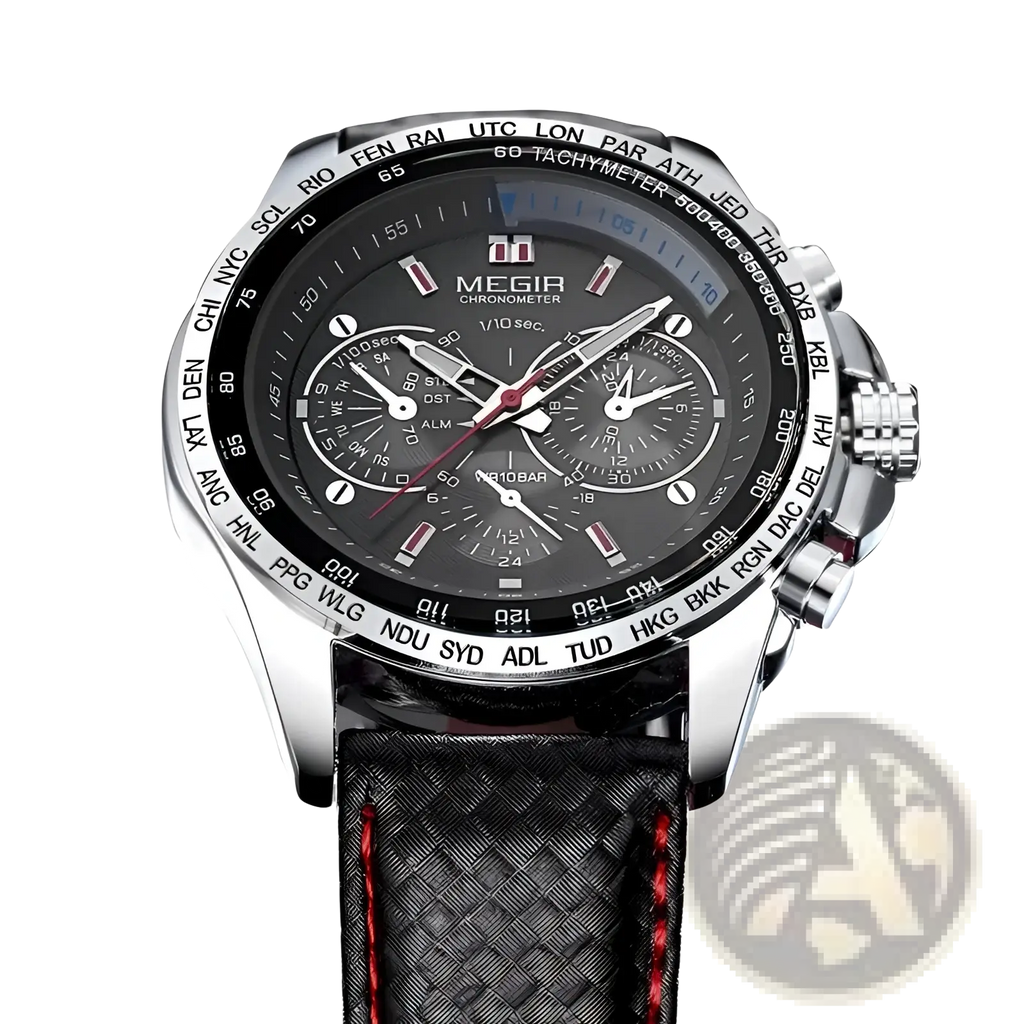 Silver-toned Megir 1010 men quartz chronograph watch with black dial red-accented hands and textured black leather strap
