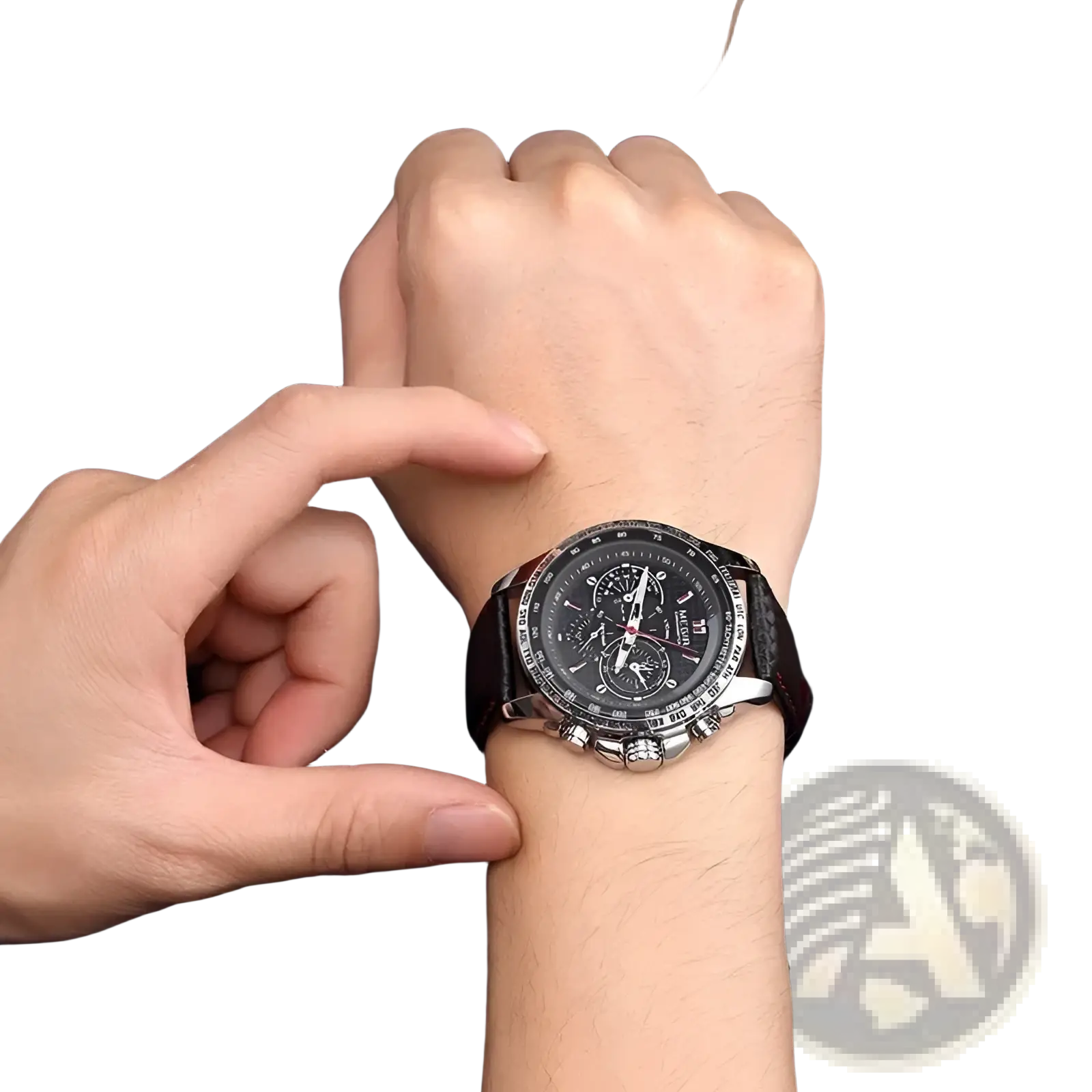 Megir 1010 men quartz chronograph watch with silver-toned case black dial multiple subdials and dark brown leather strap