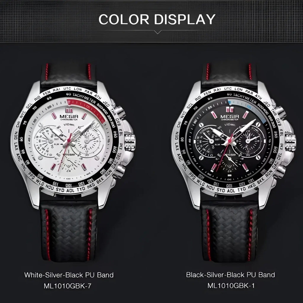 Megir 1010 men quartz chronograph watches with silver tone, black pu straps with red stitching, white and black dials