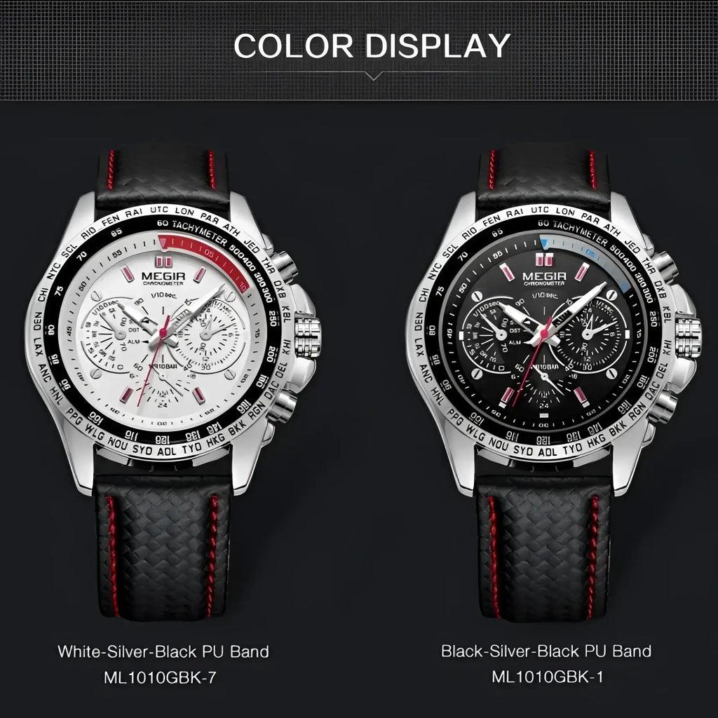 Silver-toned Megir 1010 men quartz chronograph watches with black PU straps red stitching white and black dial options