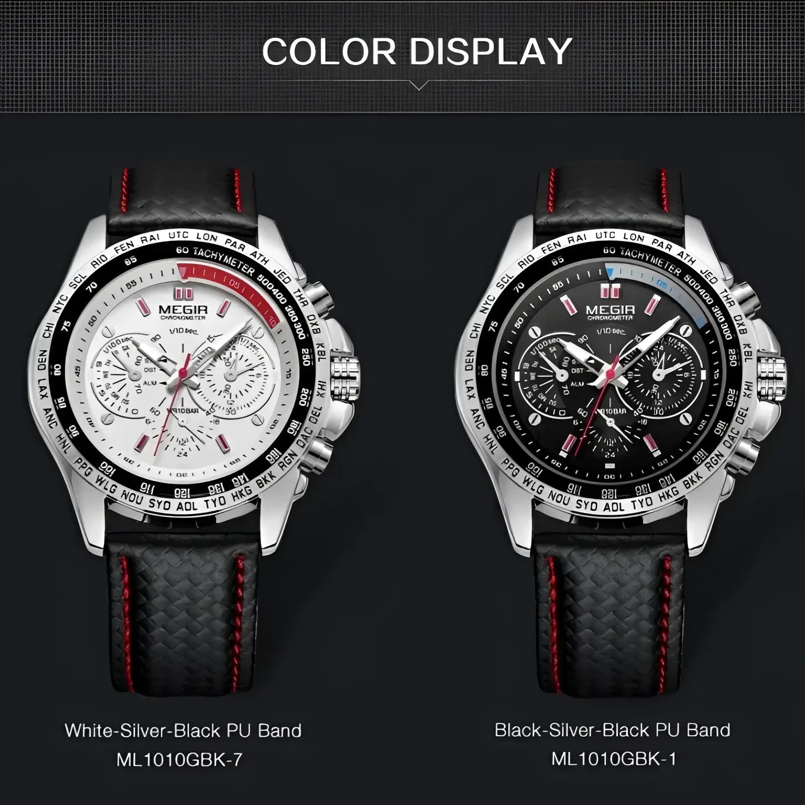 Silver-toned Megir 1010 men quartz chronograph watches with black PU straps red stitching white and black dial options