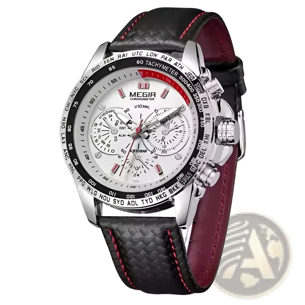 Megir 1010 men quartz chronograph watch with silver-toned case, white dial, and black leather strap with red stitching
