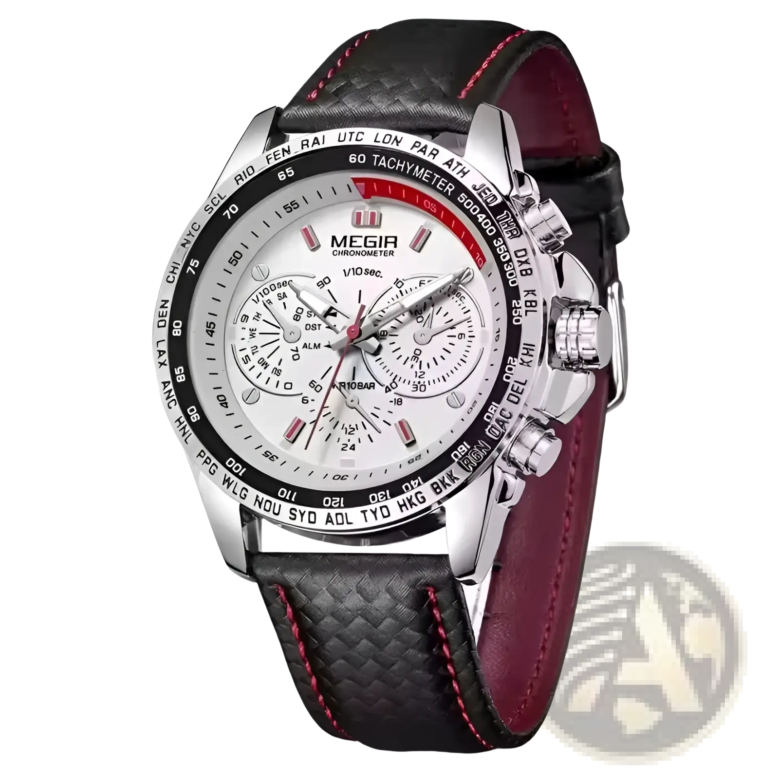 Megir 1010 men quartz chronograph watch with silver-toned case, white dial, and black leather strap with red stitching