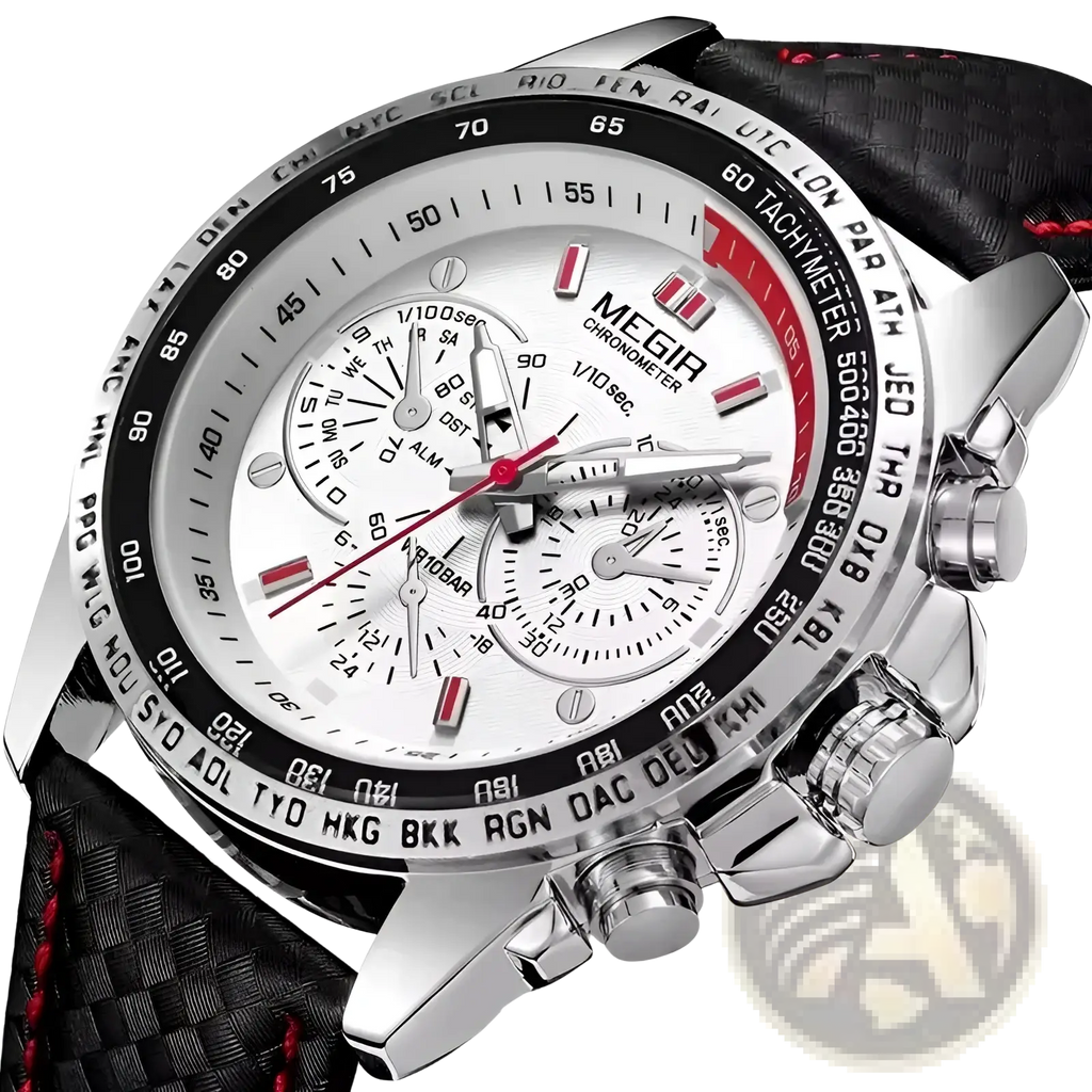 Megir 1010 men quartz chronograph watch with silver tone case, white dial, black and red accents, and black leather strap