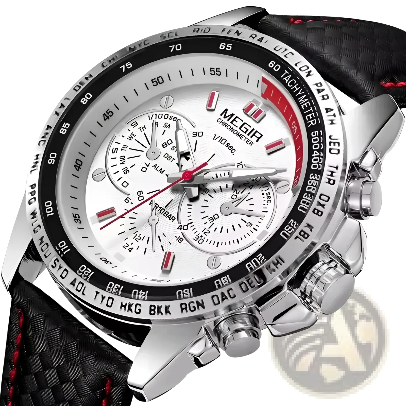 Megir 1010 men quartz chronograph watch with silver tone case, white dial, black and red accents, and black leather strap