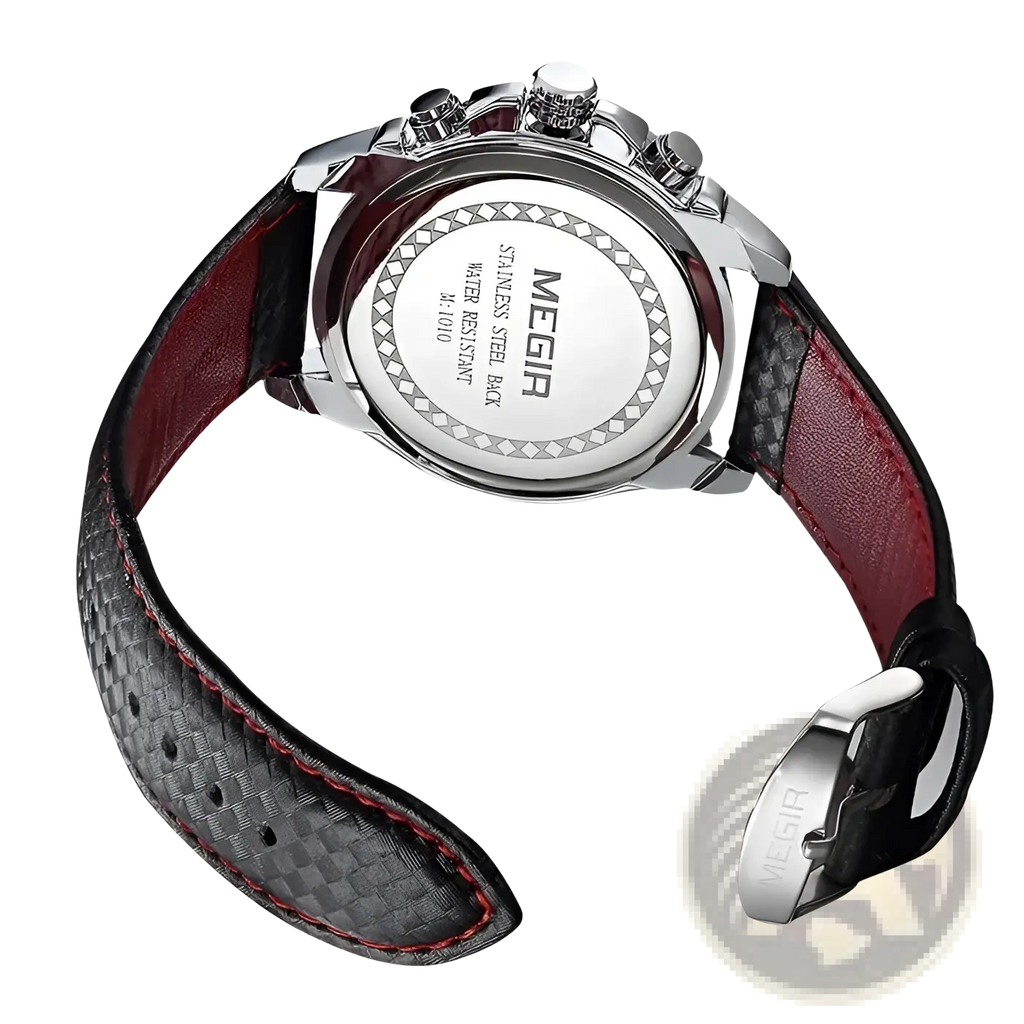 Megir 1010 men quartz chronograph watch with stainless steel case and black and red textured leather strap