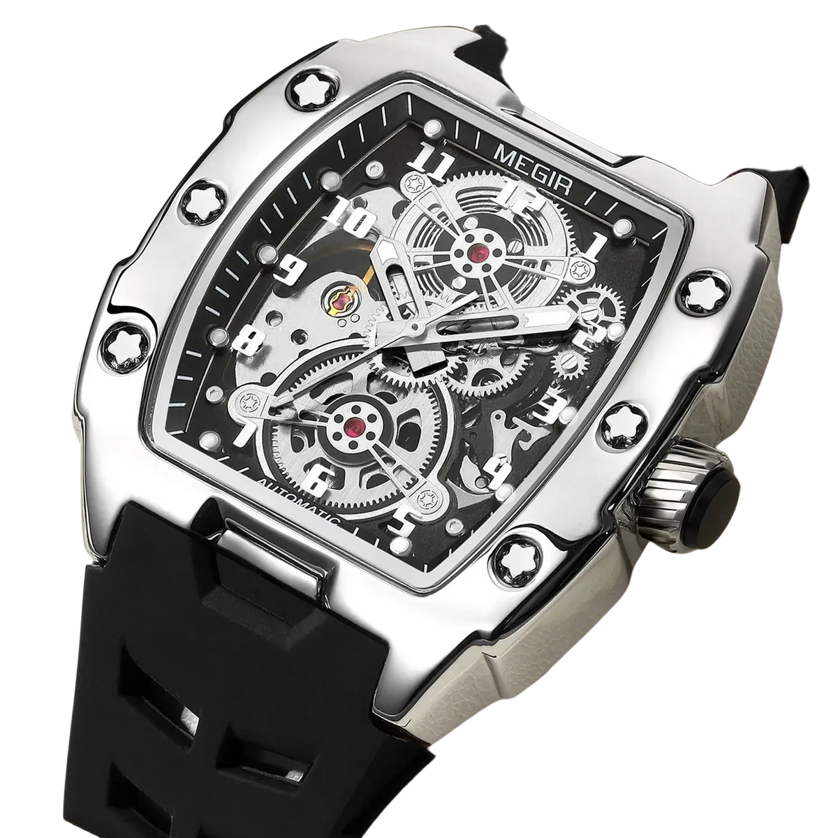 Megir automatic skeleton watch for men with silver-toned case and black rubber strap showcasing intricate mechanics