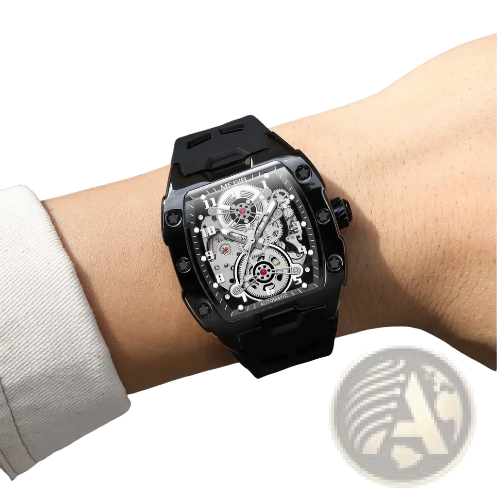 Black Megir automatic skeleton watch for men with exposed gears, red accents, and a black rubber strap
