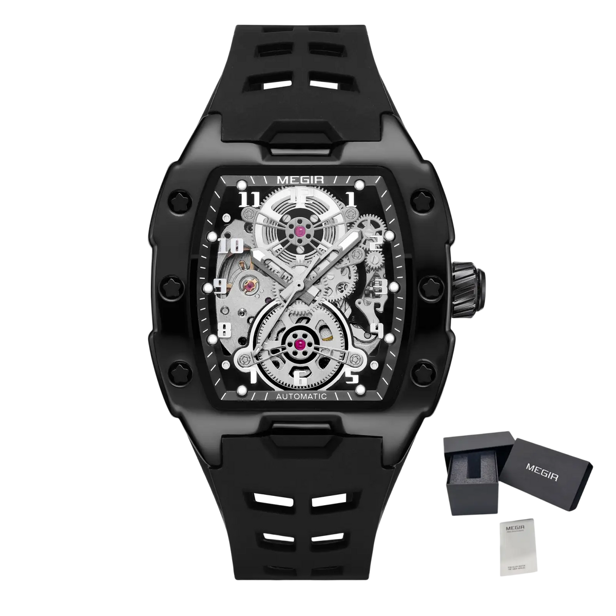 Megir automatic skeleton watch for men with a black case, transparent face showing silver gears and red accents, black rubber strap