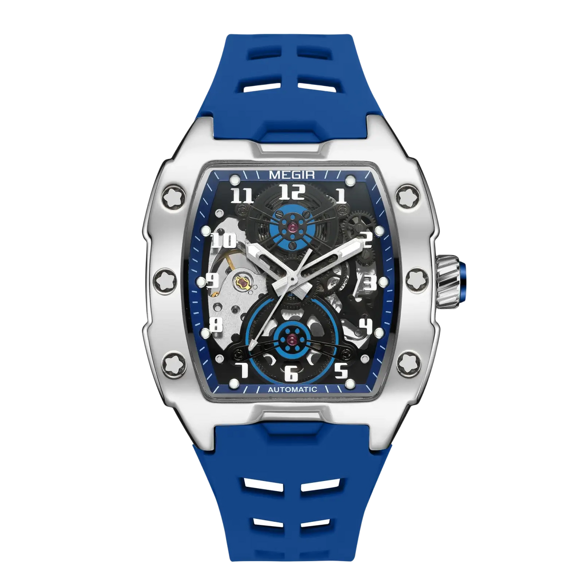 Megir automatic skeleton watch for men with blue rubber strap silver-toned case and transparent face showing mechanical movement