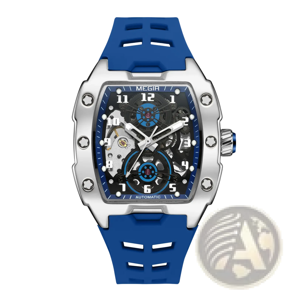 Megir automatic skeleton watch for men with blue rubber strap silver-toned case and transparent face showing mechanical movement