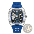 Megir automatic skeleton watch for men with blue rubber strap silver-toned case and transparent face showing mechanical movement