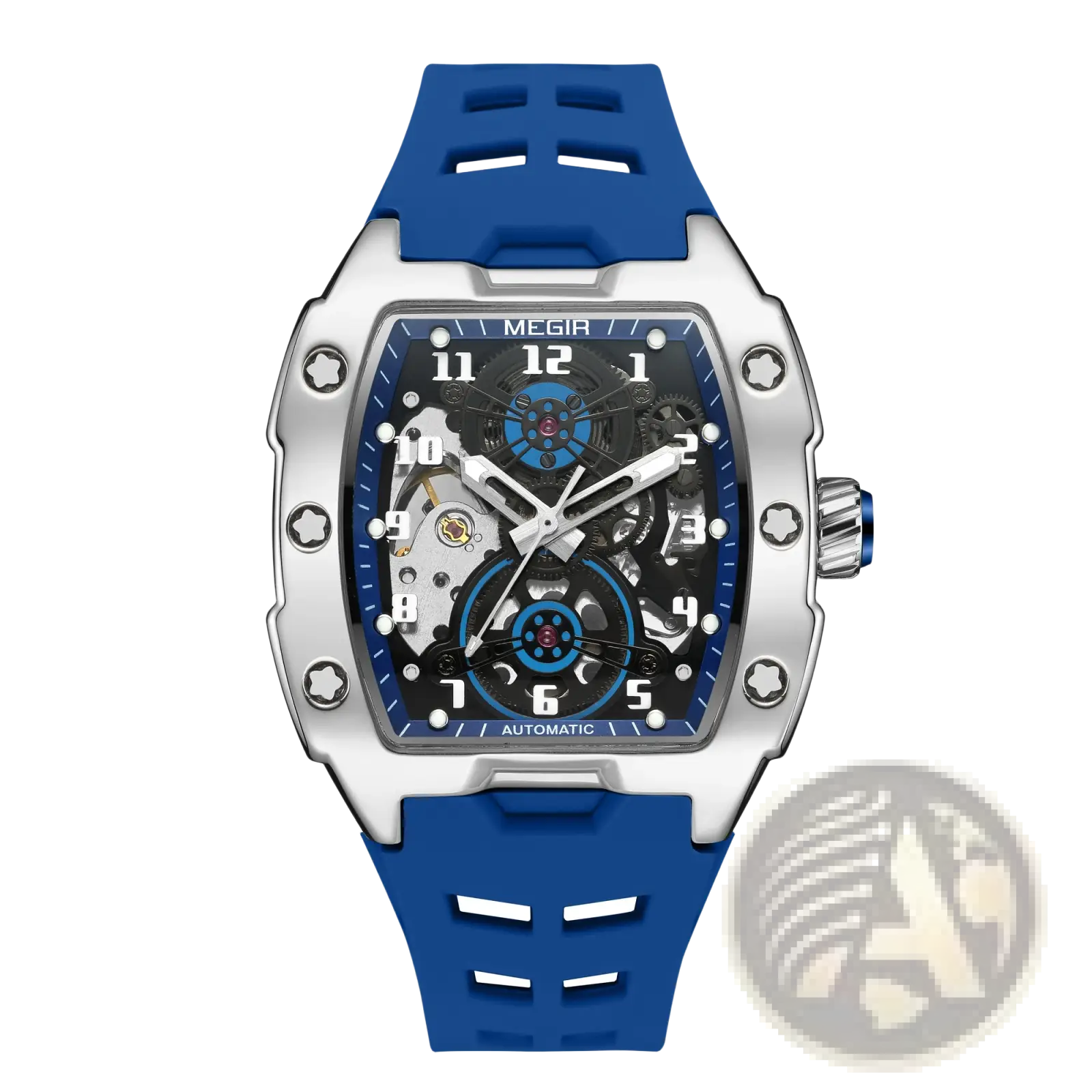 Megir automatic skeleton watch for men with blue rubber strap silver-toned case and transparent face showing mechanical movement