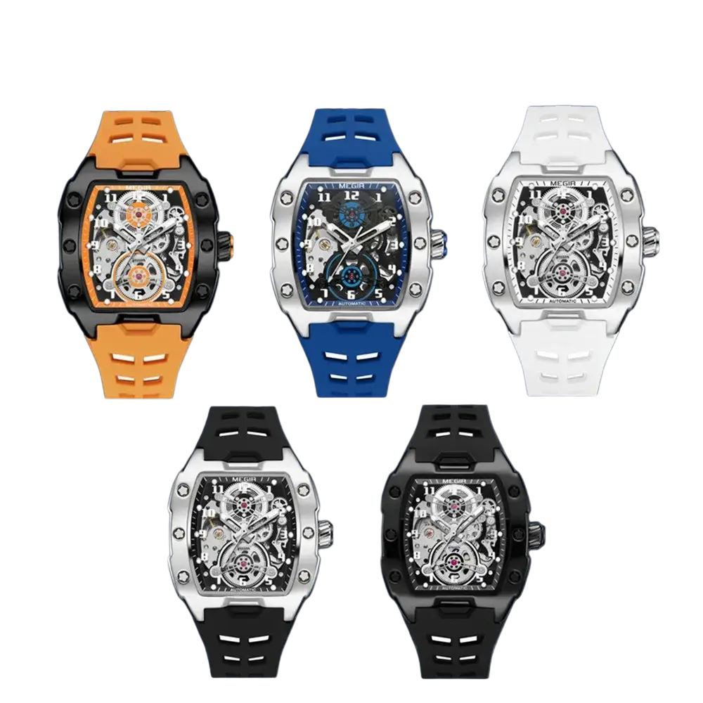 Megir automatic skeleton watch for men in orange blue white black and silver with rubber straps and skeletonized faces