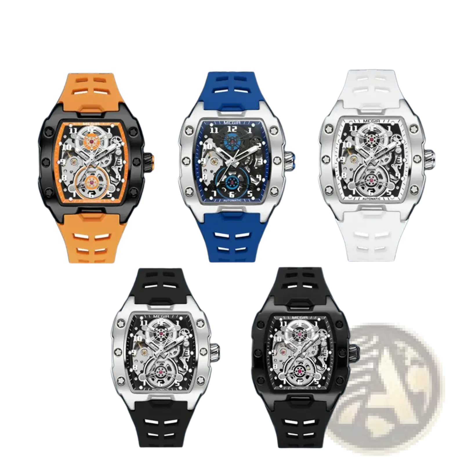 Megir automatic skeleton watch for men in orange blue white black and silver with rubber straps and skeletonized faces