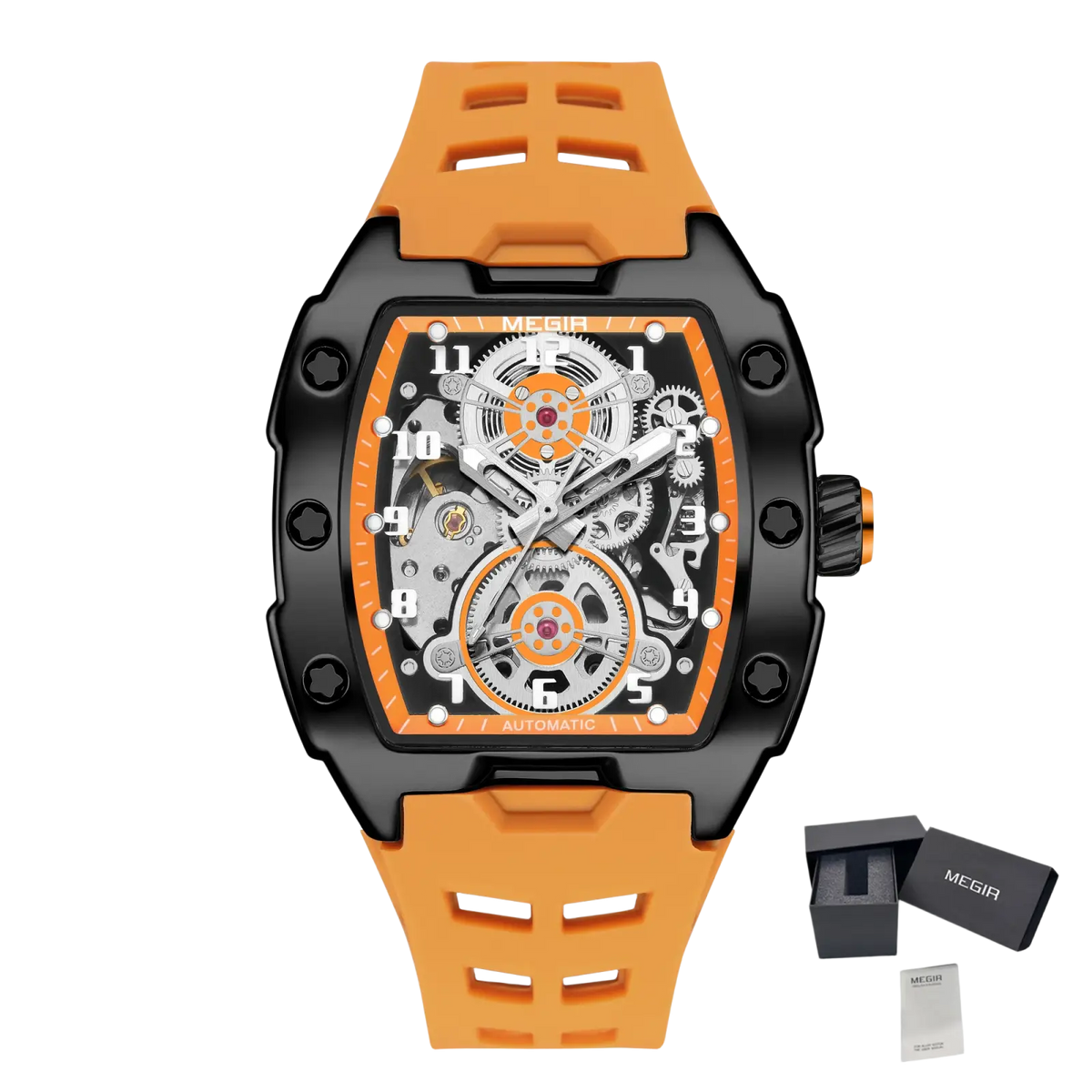 Megir automatic skeleton watch for men with orange and black design, visible gears, and red accent on the dial