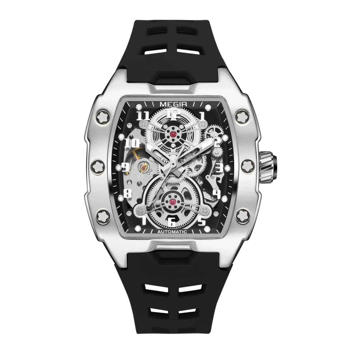 Silver-toned Megir automatic skeleton watch for men with black rubber strap and exposed mechanical gears on the face