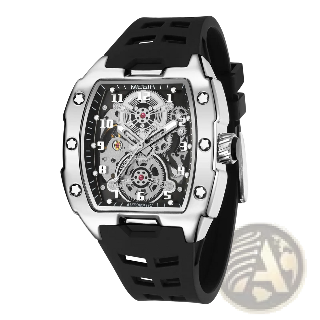 Megir automatic skeleton watch for men with silver-toned case, exposed gears, and black rubber strap