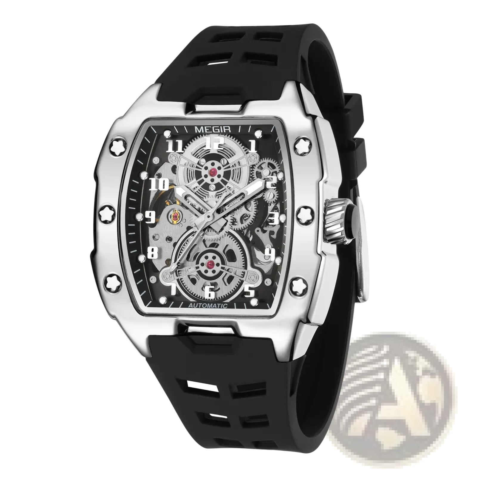Megir automatic skeleton watch for men with silver-toned case, exposed gears, and black rubber strap