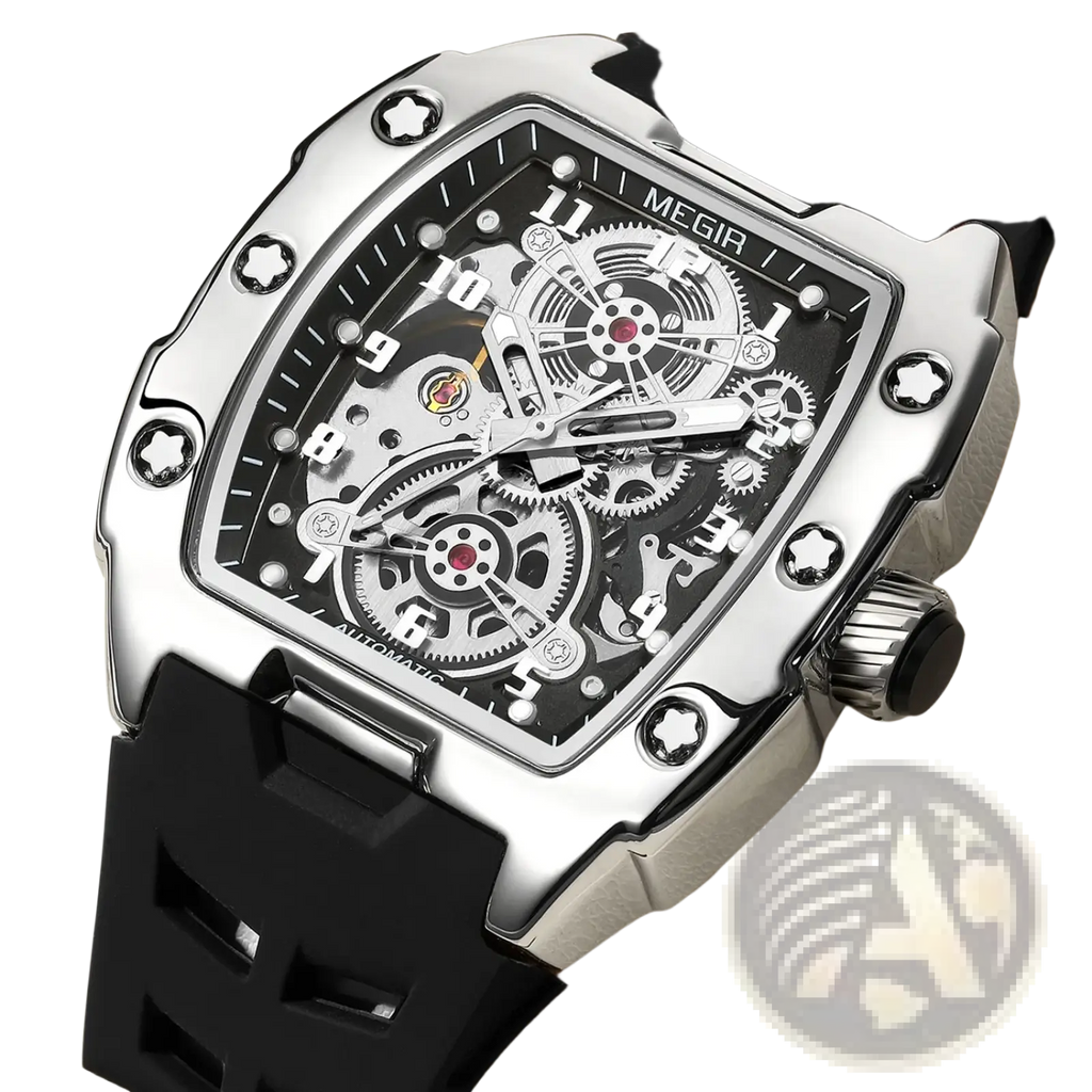 Megir automatic skeleton watch for men with silver-toned case and black rubber strap showcasing intricate mechanics