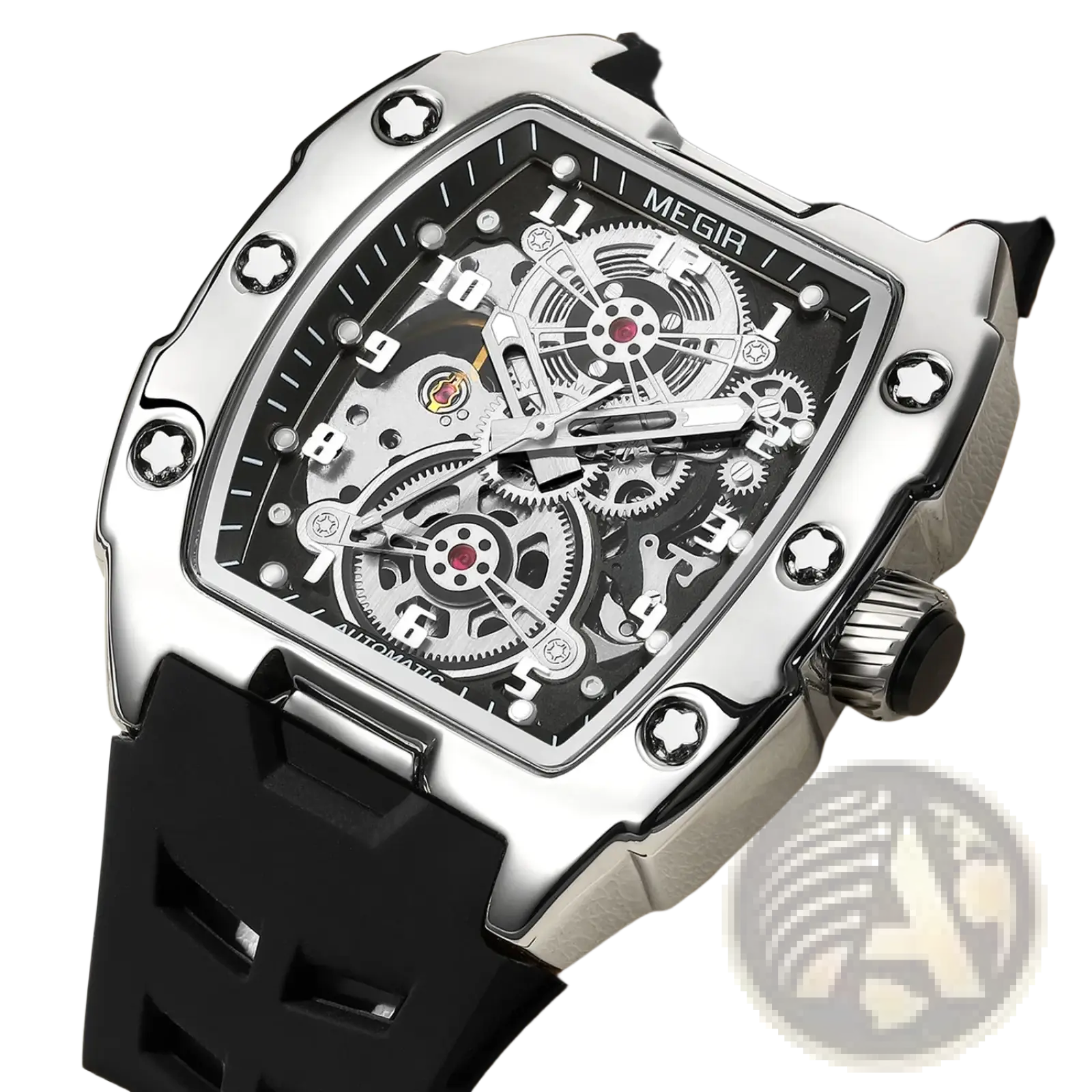 Megir automatic skeleton watch for men with silver-toned case and black rubber strap showcasing intricate mechanics