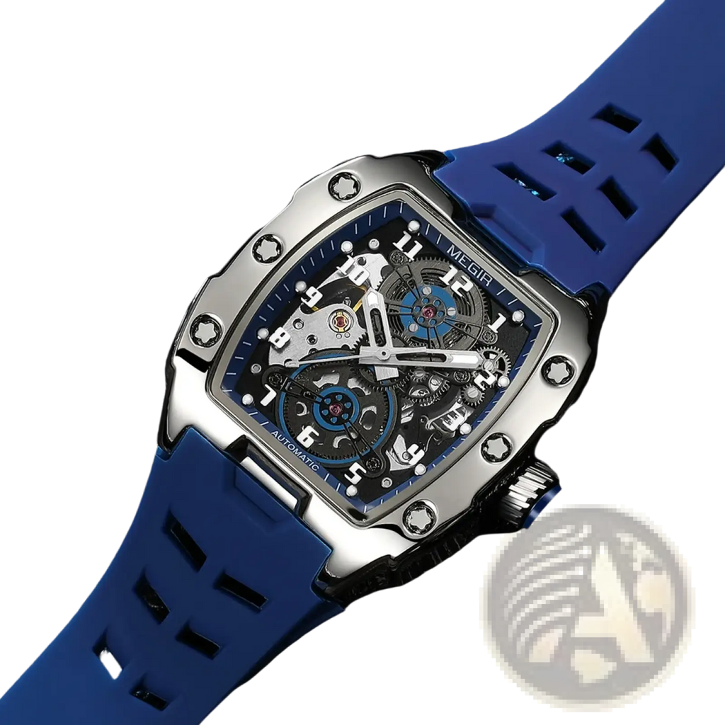 Megir automatic skeleton watch for men with a silver-toned case, blue rubber strap, and exposed mechanical movement