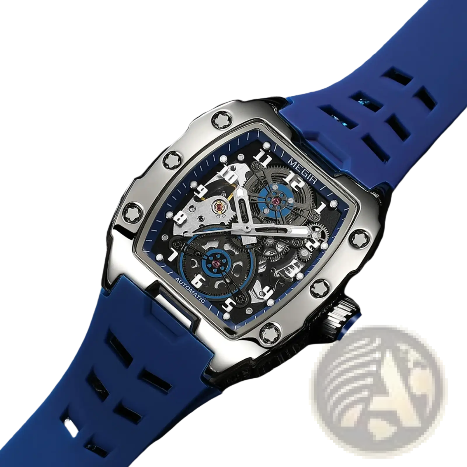 Megir automatic skeleton watch for men with a silver-toned case, blue rubber strap, and exposed mechanical movement