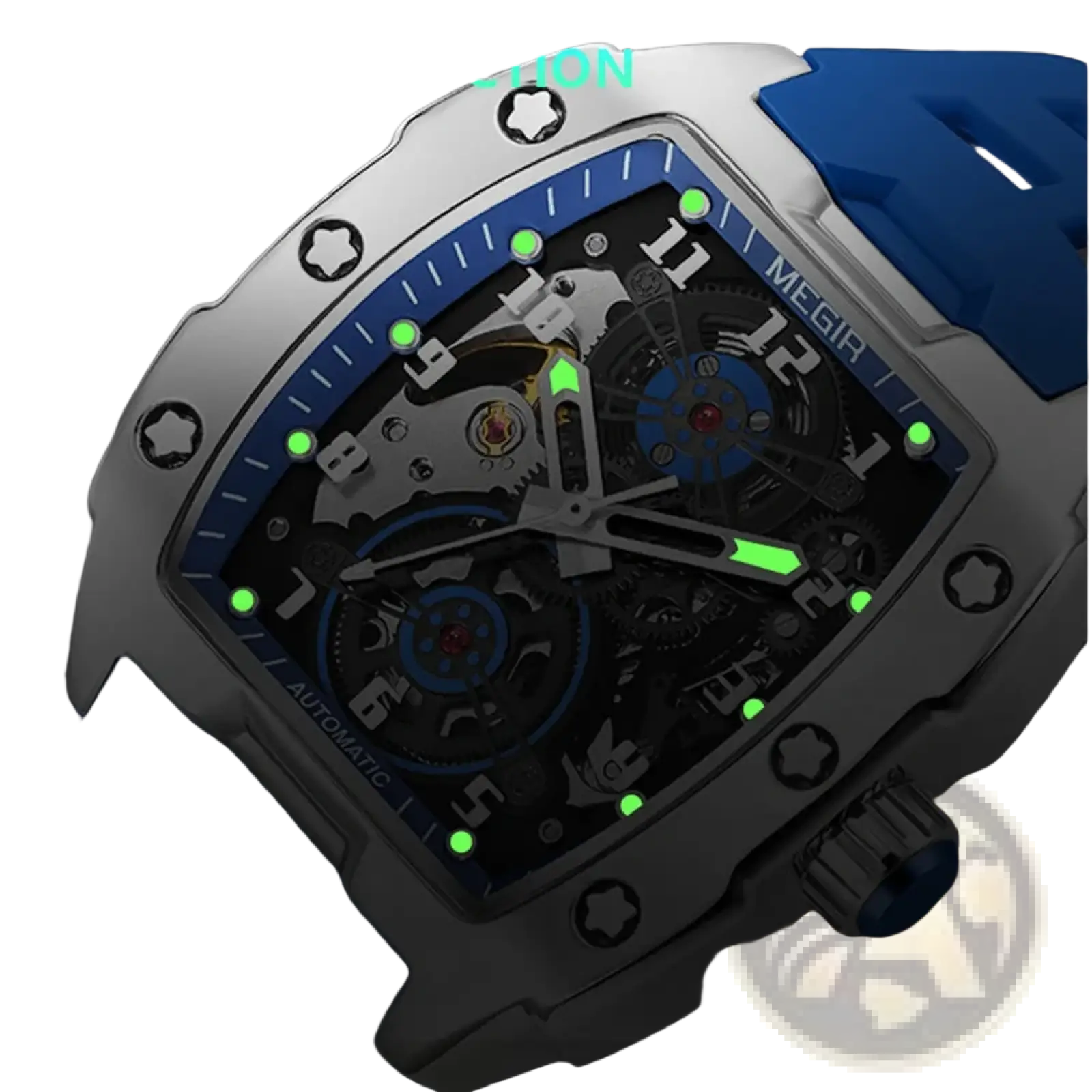 Megir automatic skeleton watch for men with sleek square silver case and blue accents on bezel and strap