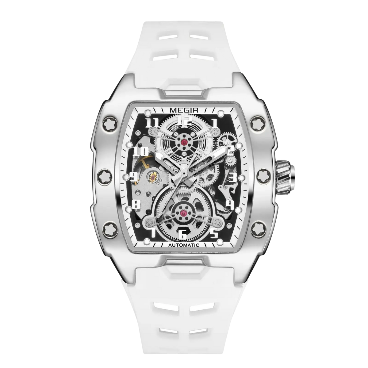 Megir automatic skeleton watch for men with white rubber strap and silver rectangular skeletonized mechanical face with red accents