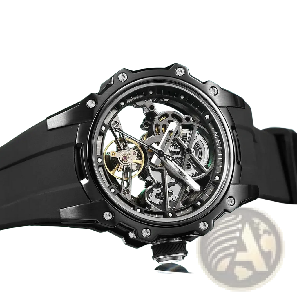 Black megir automatic skeleton chronograph watch with gold gears silver hands rugged case and black rubber strap