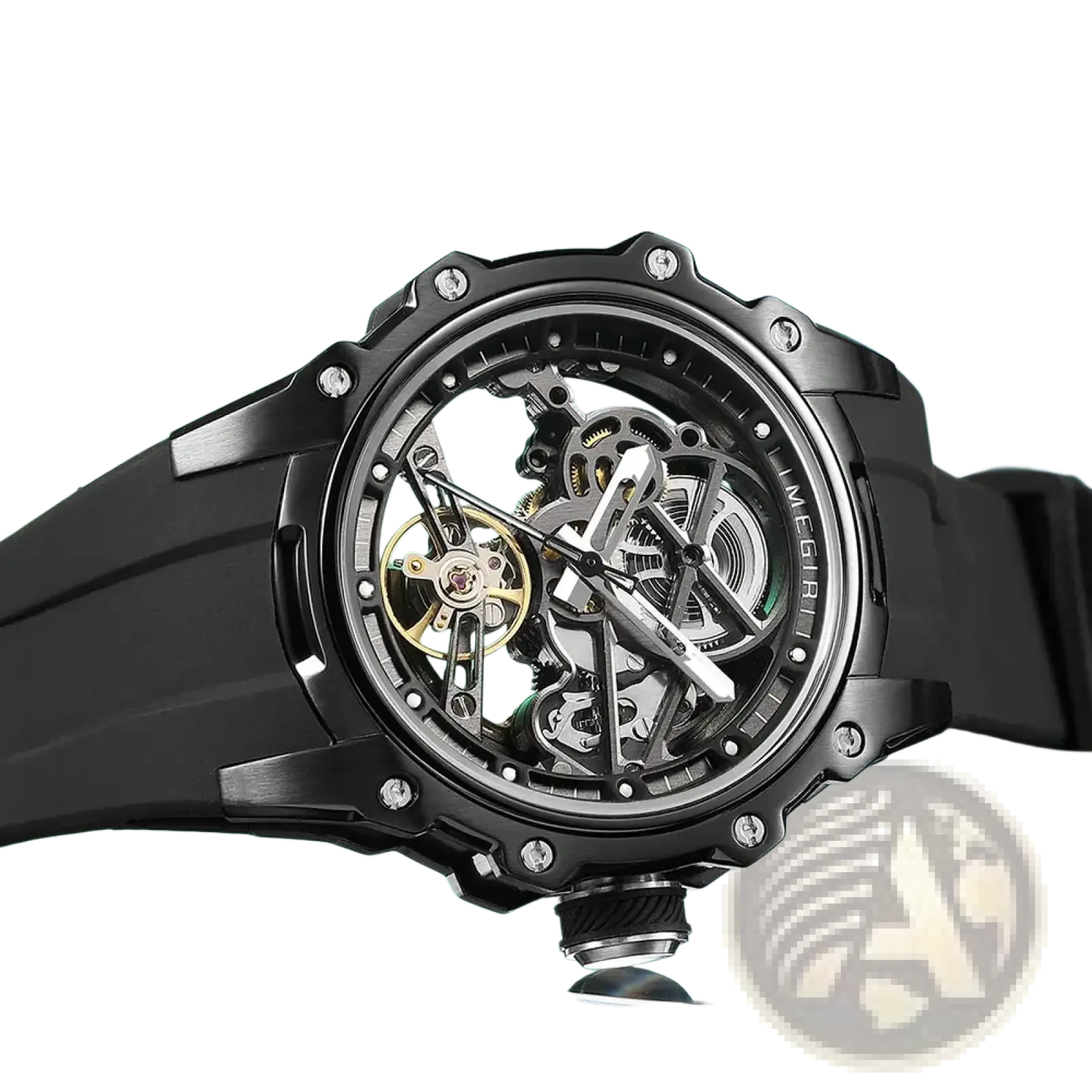 Black megir automatic skeleton chronograph watch with gold gears silver hands rugged case and black rubber strap