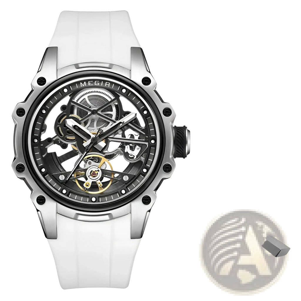 Megir automatic skeleton watch silver toned with white silicone strap and exposed mechanical gears for men