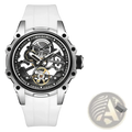 Megir automatic skeleton watch silver toned with white silicone strap and exposed mechanical gears for men