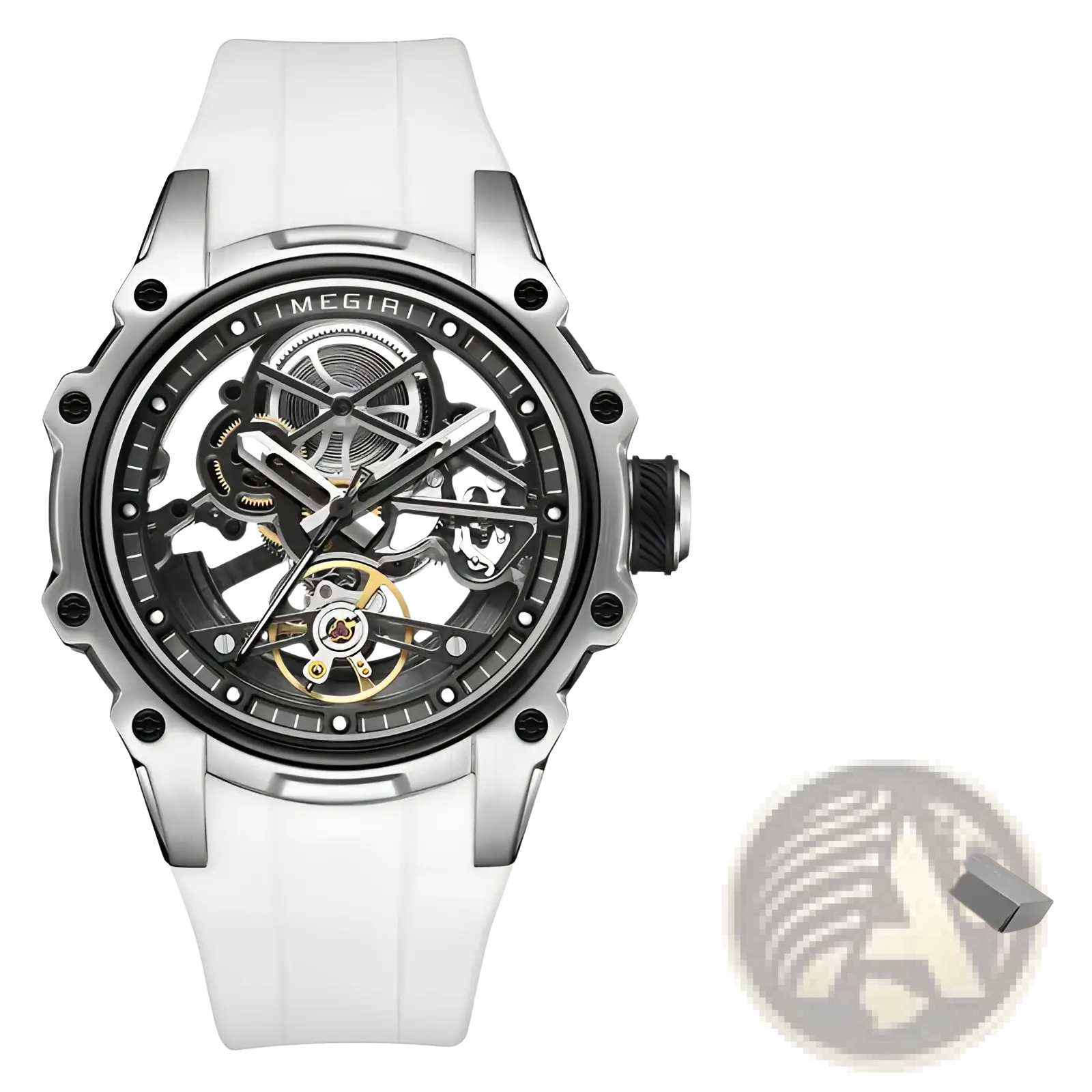 Megir automatic skeleton watch silver toned with white silicone strap and exposed mechanical gears for men