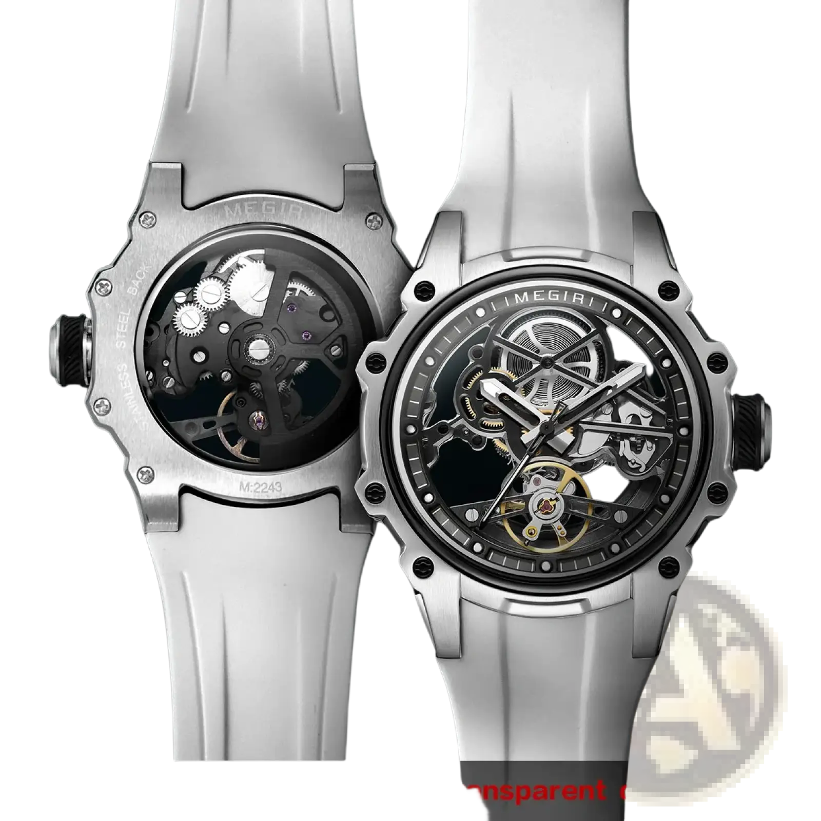 Silver Megir automatic skeleton watch with transparent design and white silicone strap showcasing intricate movement