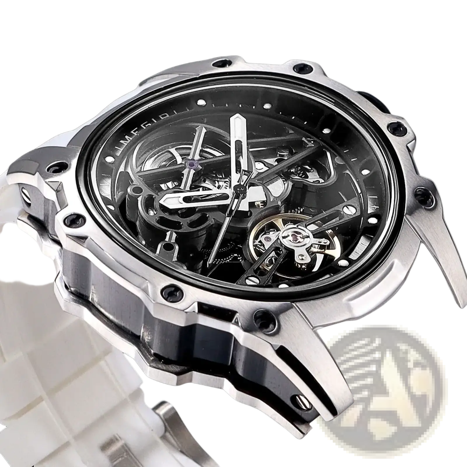 Megir automatic skeleton watch with silver-toned case, exposed mechanical gears, and white silicone rubber strap