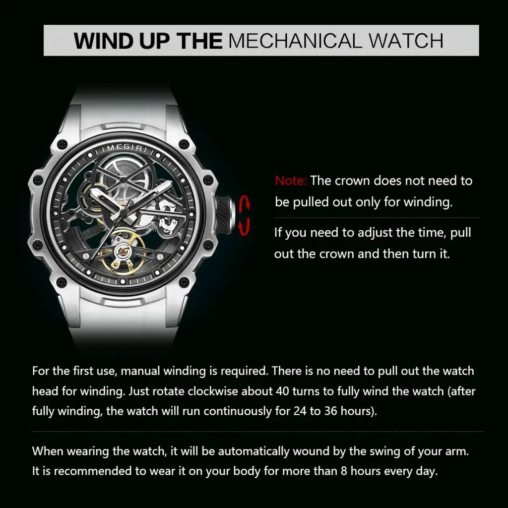 Silver-toned Megir automatic skeleton watch with transparent dial, gold balance wheel, and white silicone strap
