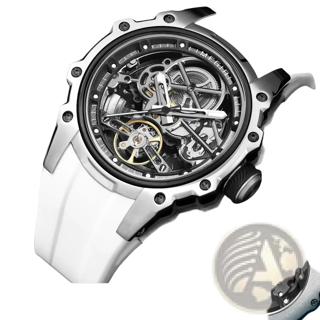 A Megir automatic skeleton watch with a white silicone strap and a silver transparent mechanical dial