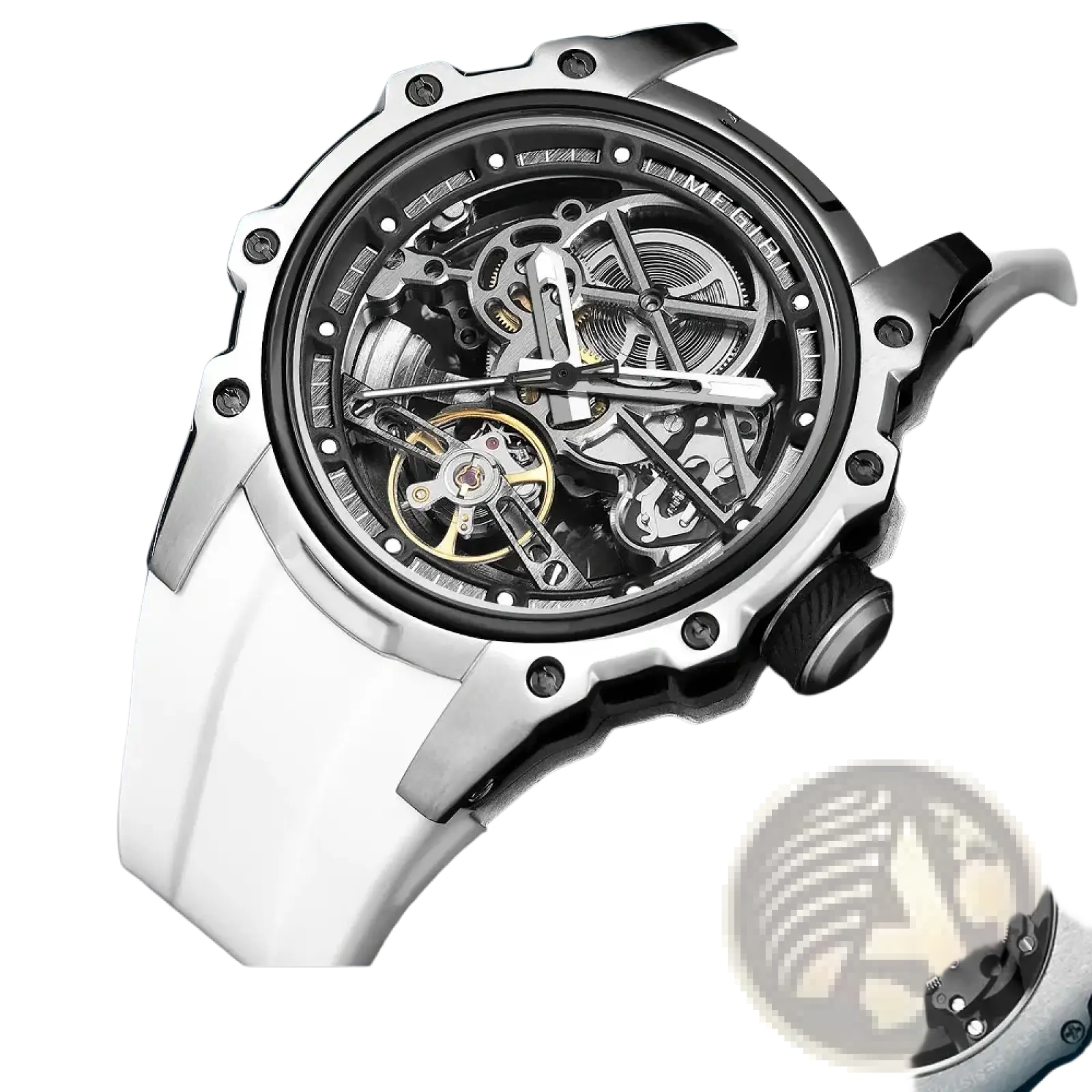 A Megir automatic skeleton watch with a white silicone strap and a silver transparent mechanical dial