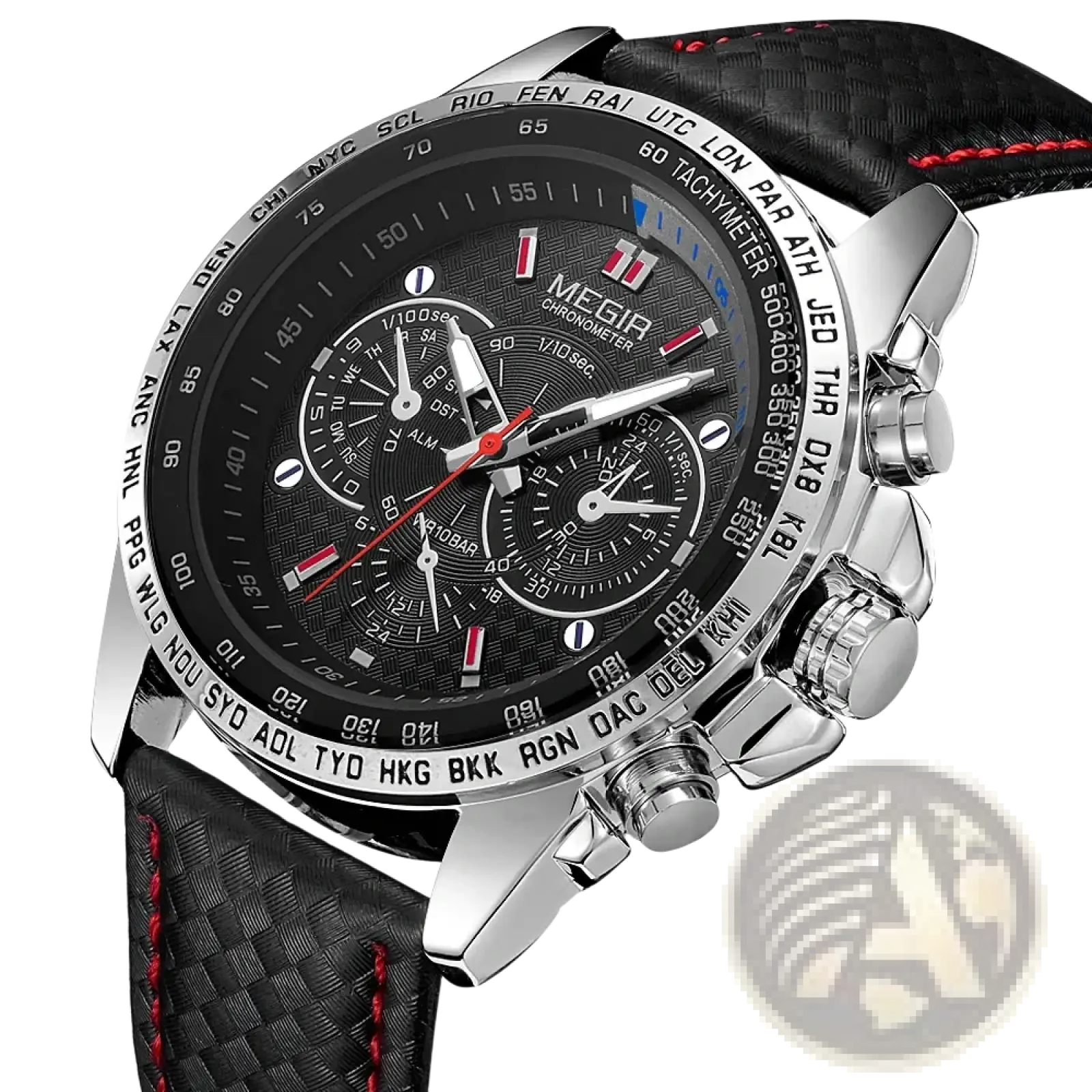 Megir chronograph leather quartz watch men with black carbon-fiber textured strap and silver dial with tachymeter scale
