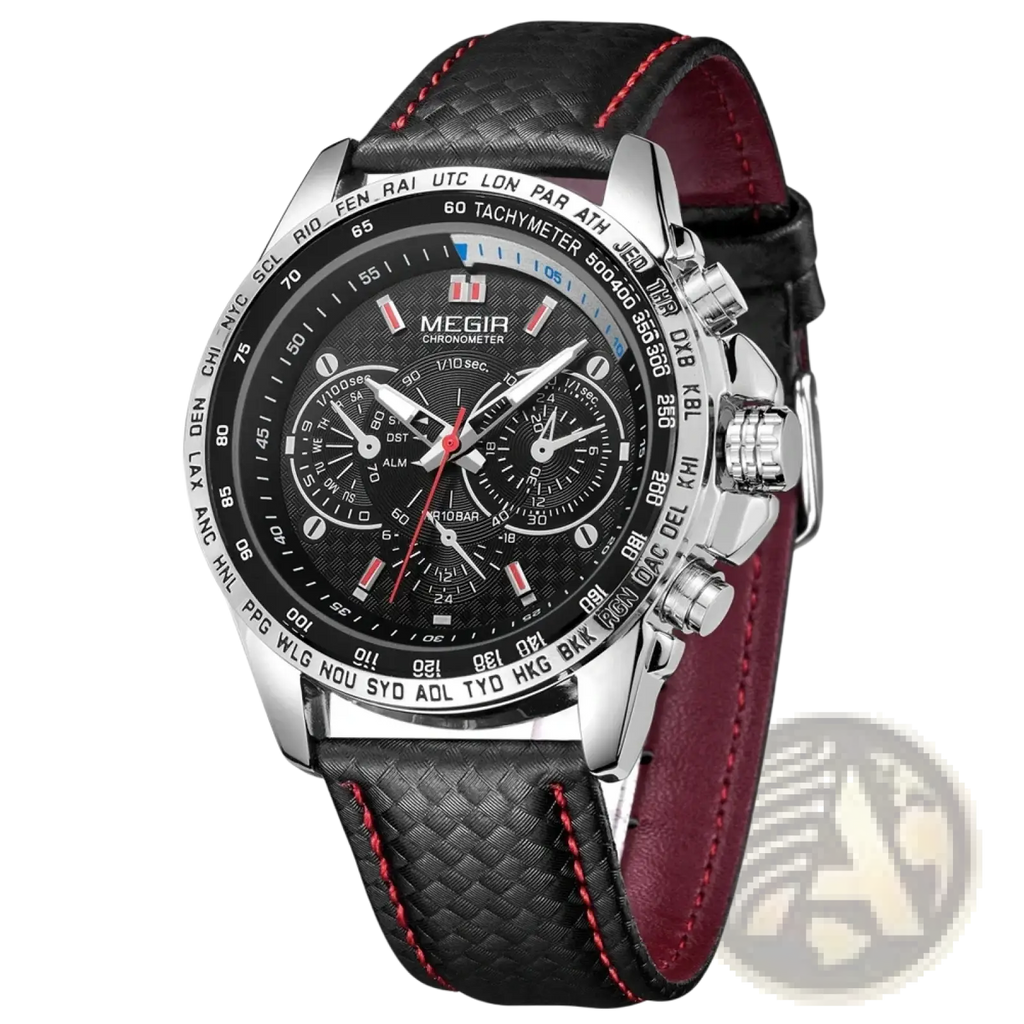 Megir chronograph leather quartz watch men with black and red strap silver-toned face multiple subdials city codes tachymeter