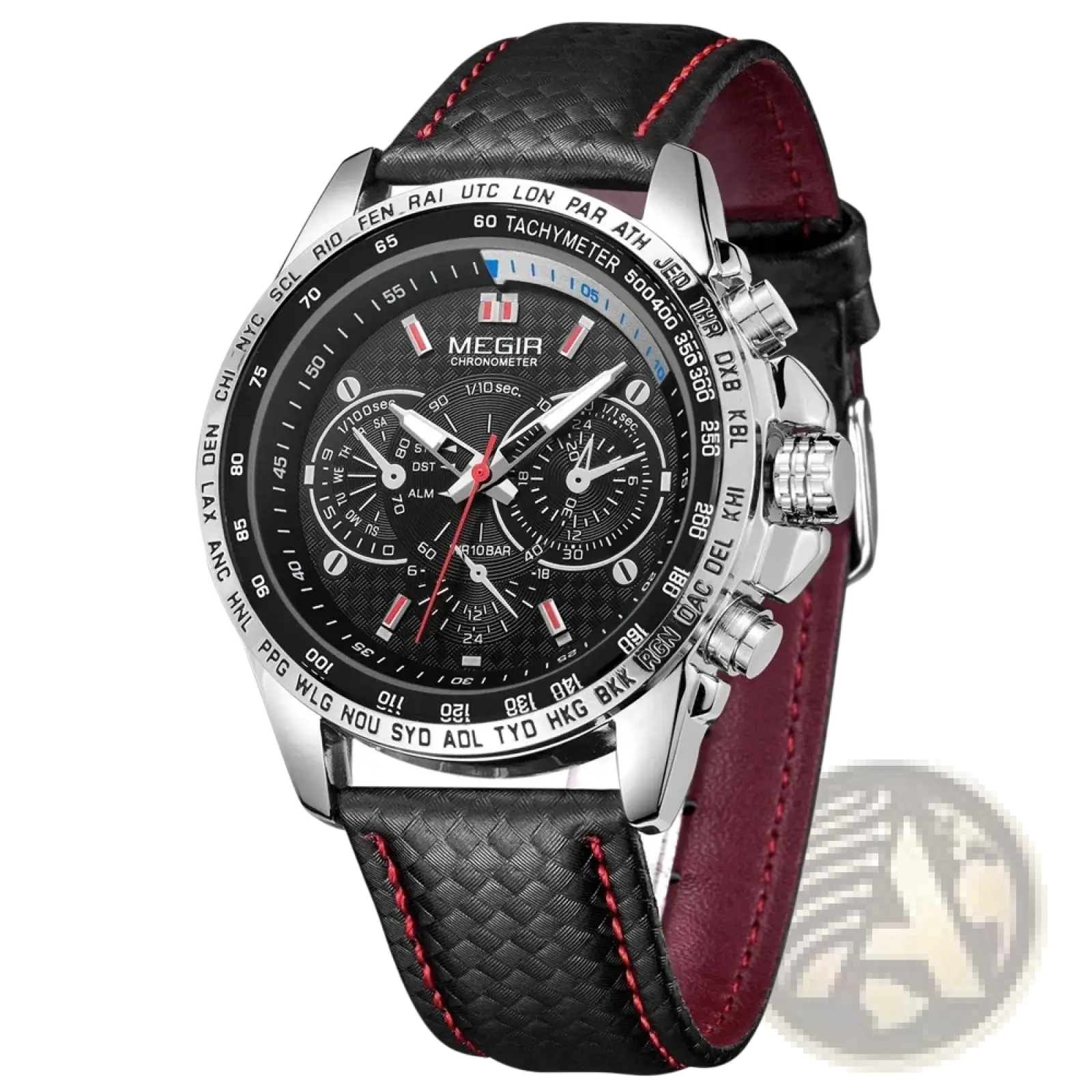 Megir chronograph leather quartz watch men with black and red strap silver-toned face multiple subdials city codes tachymeter