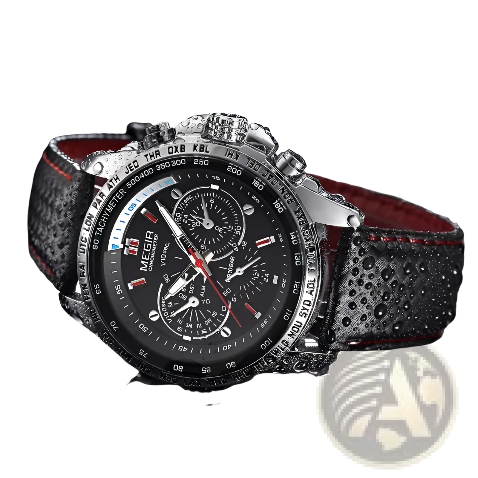 Megir chronograph leather quartz watch men with black and red dial, silver-toned case, and textured black leather strap