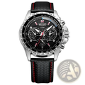 Megir chronograph men’s quartz watch with black leather strap red stitching silver dial and multiple subdials