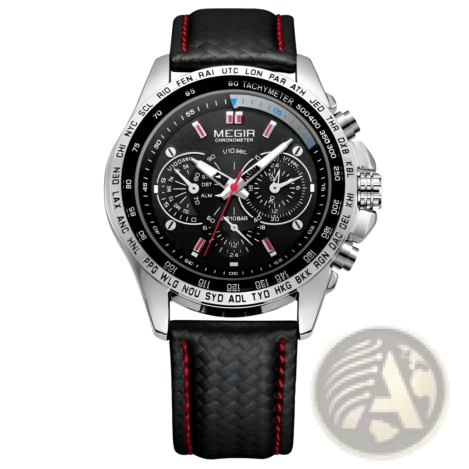 Megir chronograph men’s quartz watch with black leather strap red stitching silver dial and multiple subdials