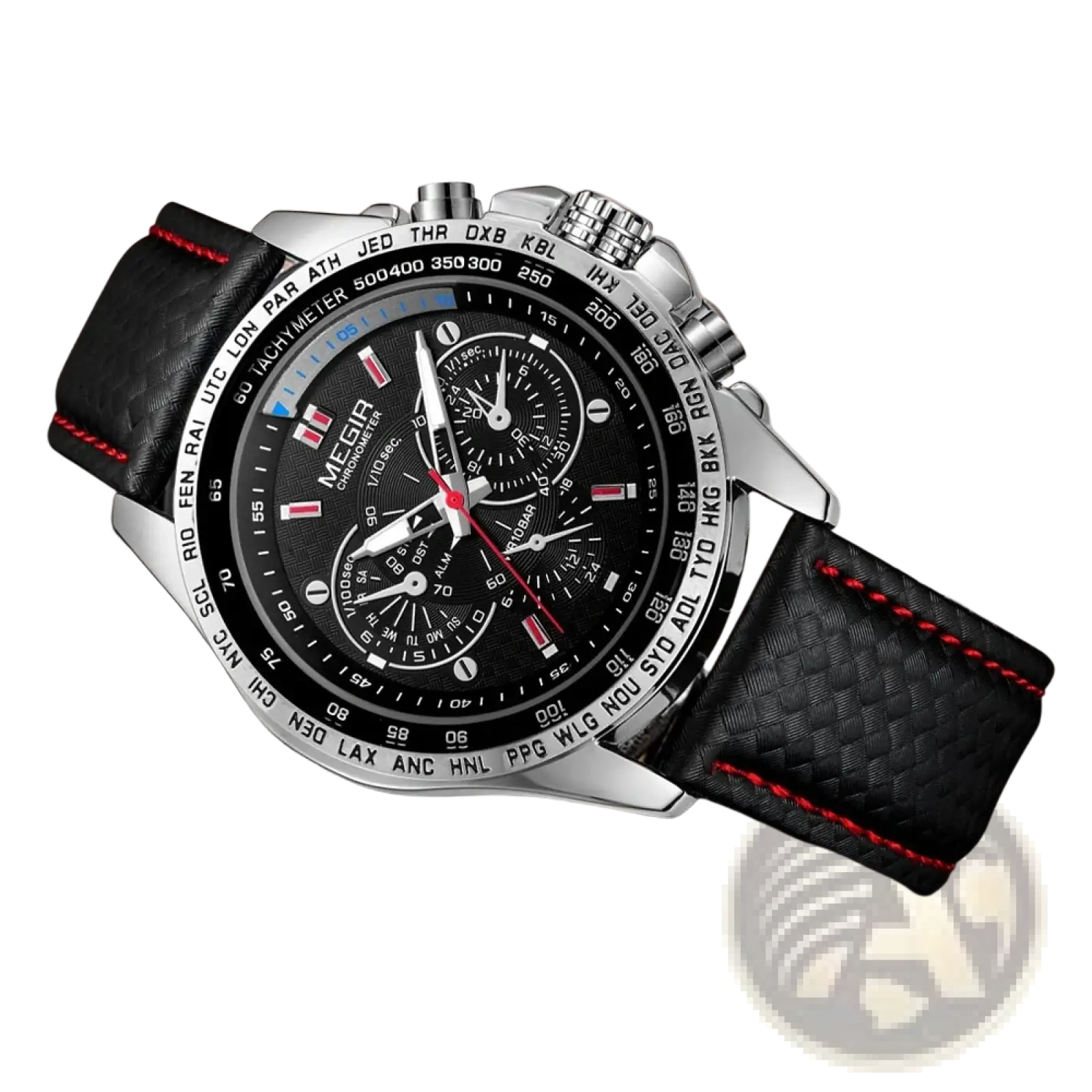Megir chronograph leather quartz watch men with black leather strap red stitching silver case and black dial subdials