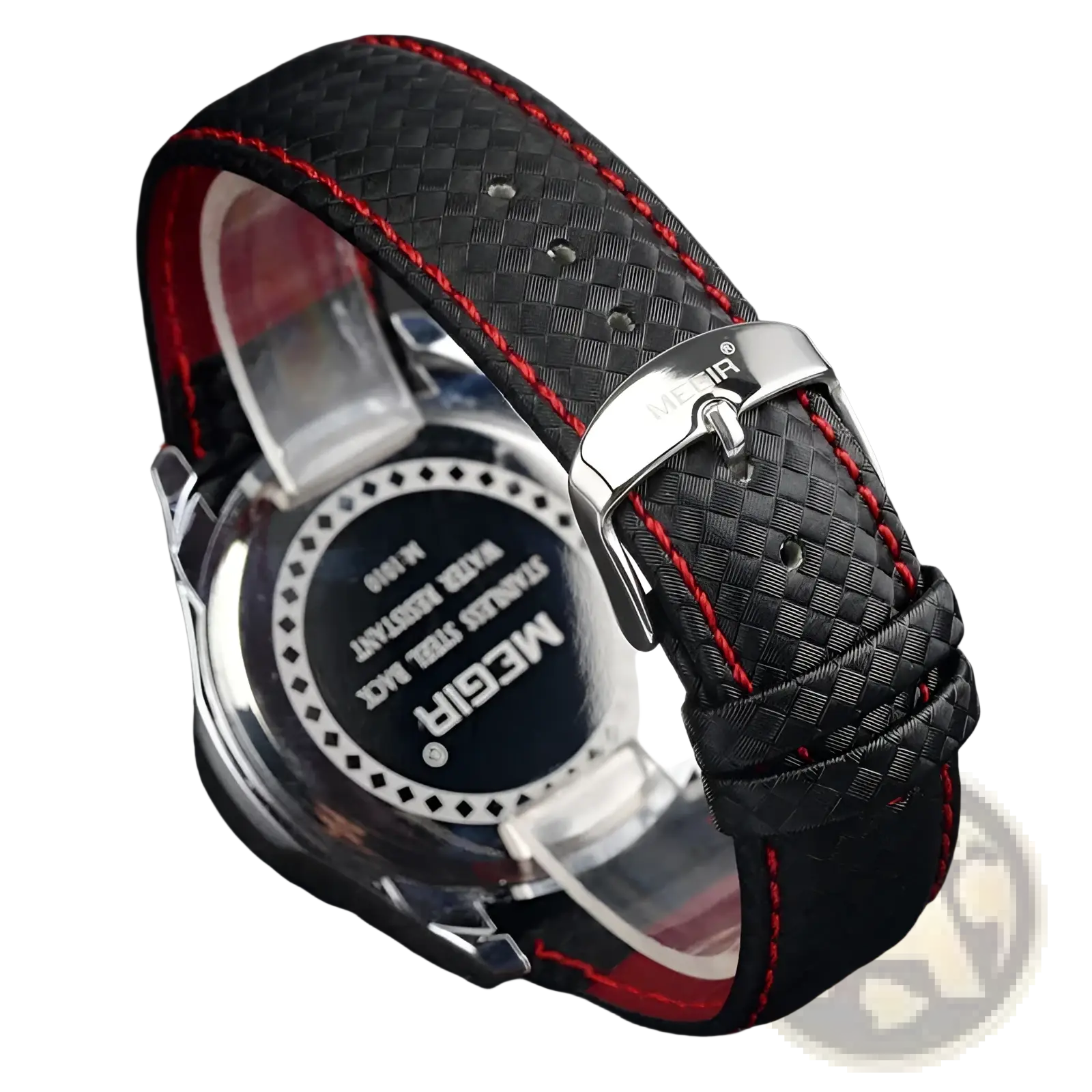 Megir chronograph leather quartz watch men with black woven leather strap red stitching and silver buckle