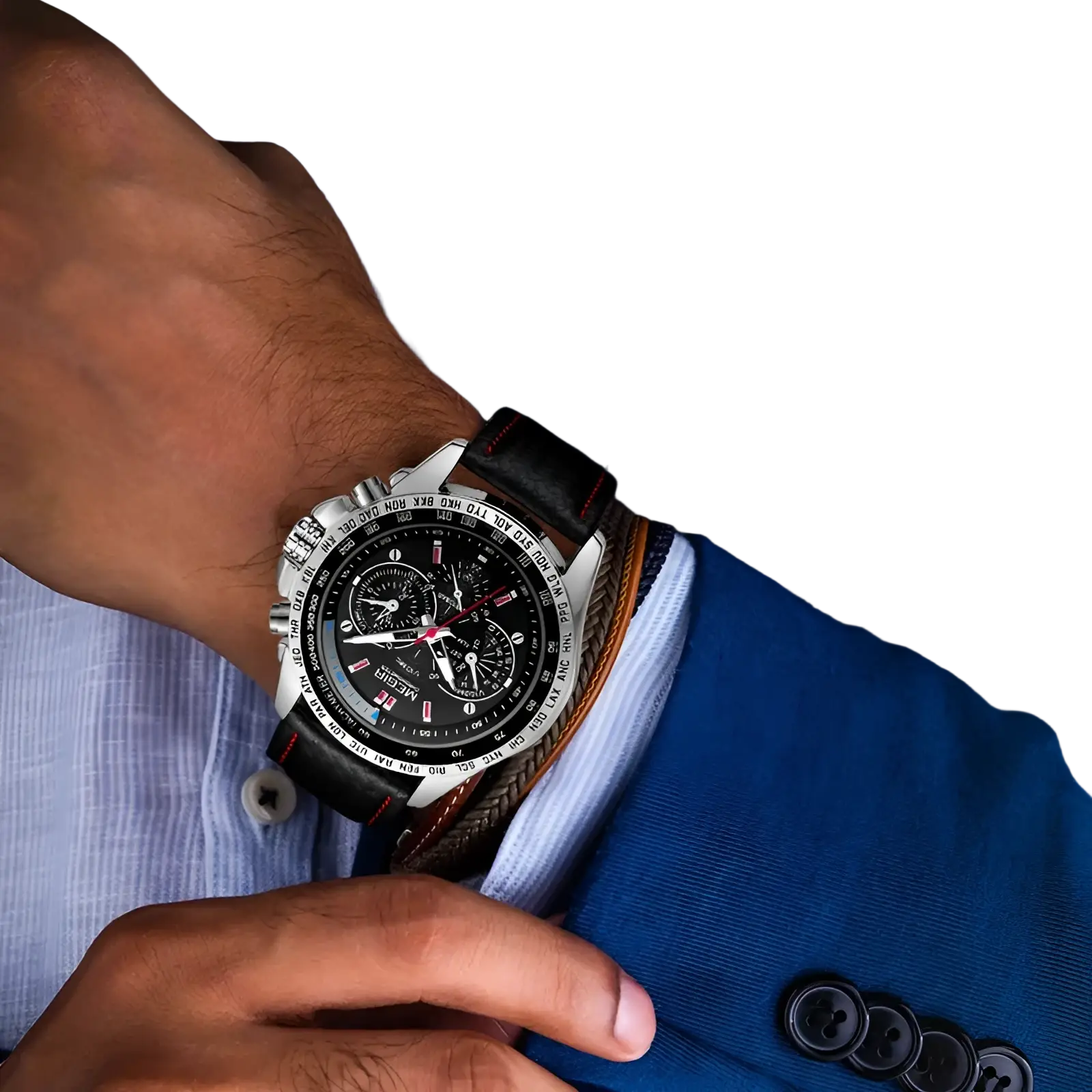 Megir chronograph leather quartz watch men with silver face black dial red accents and black leather strap with stitching